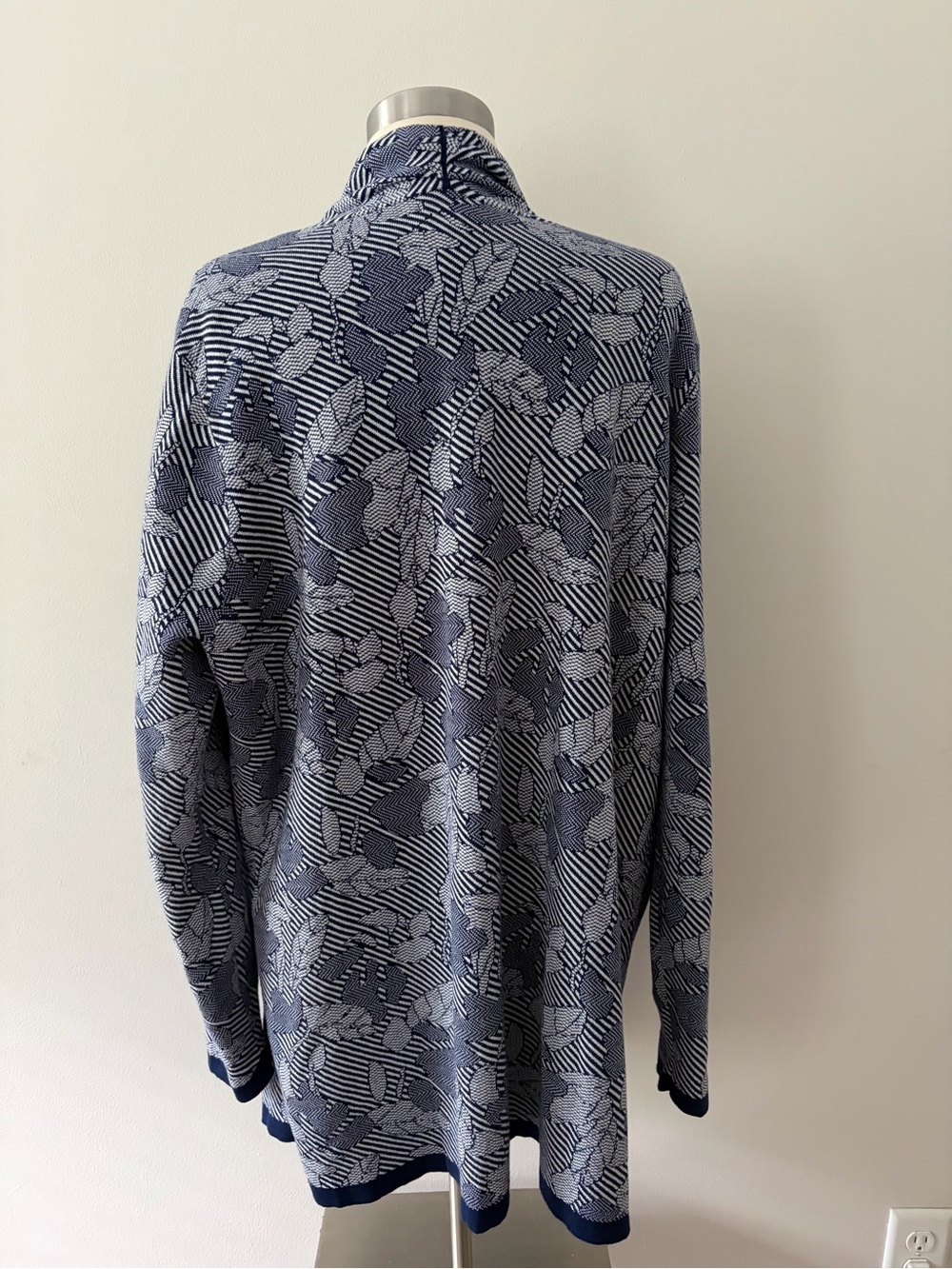Lands' End Navy White Leaf Jaquard Open-Front Cardigan XL Lagenlook Botanical - Picture 8 of 9